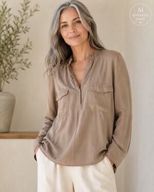 Eileen Fisher Women’s Medium 100% Silk Blouse Taupe Long Sleeve Popover Top